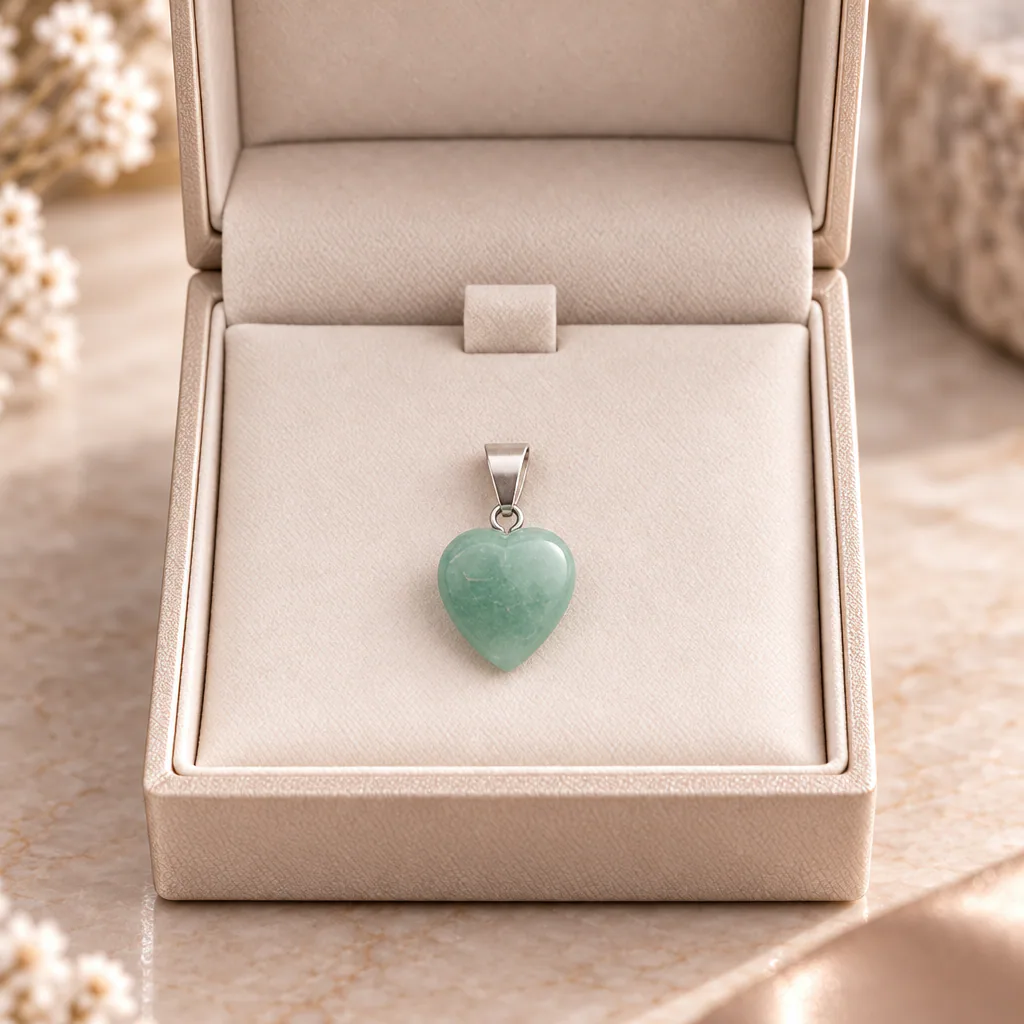 Pendentif cœur en aventurine verte du Brésil · Grade A — vue studio 2