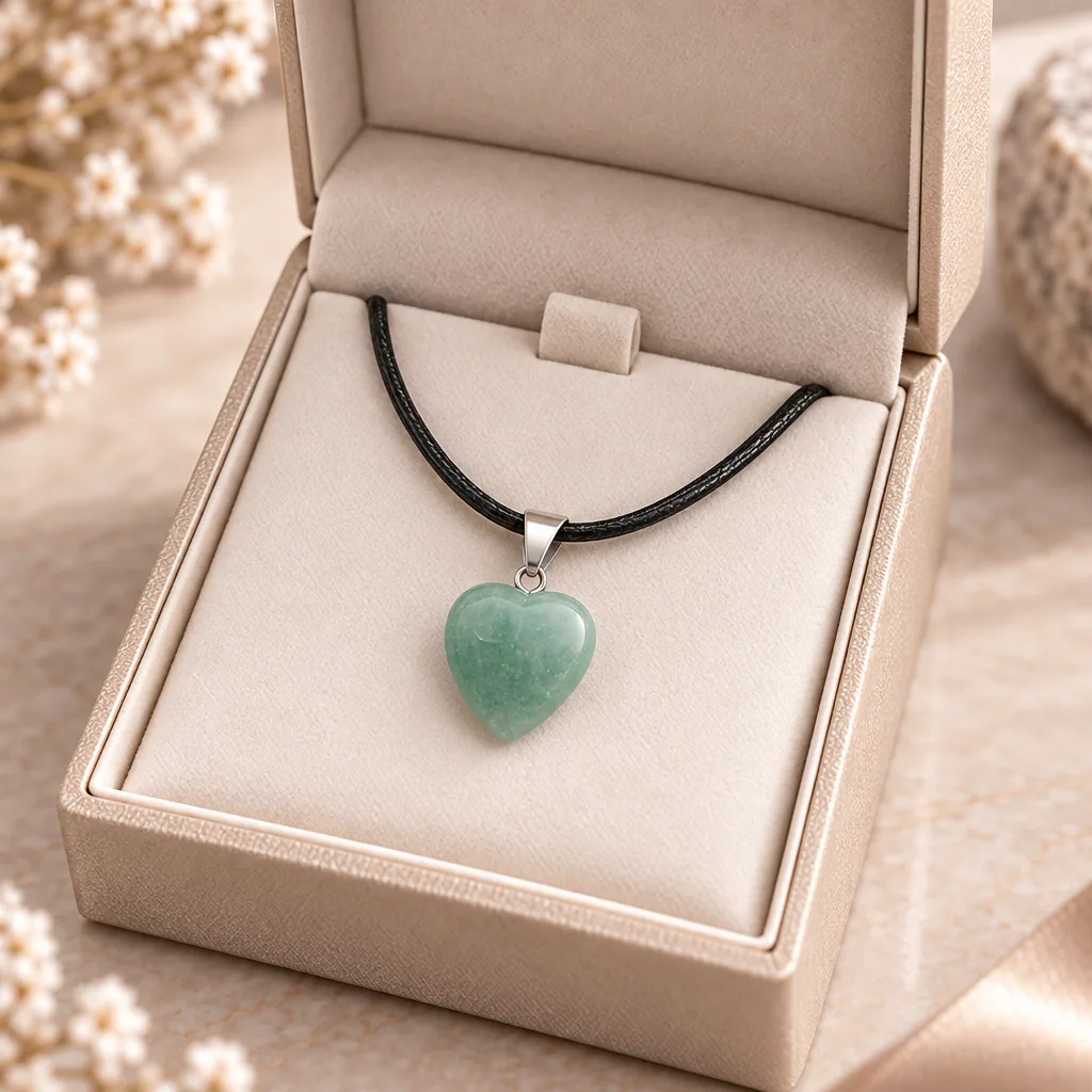 Pendentif cœur en aventurine verte du Brésil · Grade A — vue studio 3