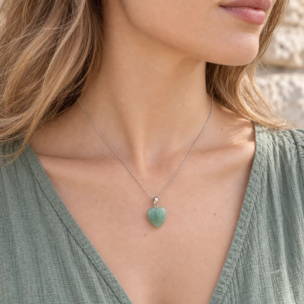 Pendentif cœur en aventurine verte du Brésil · Grade A — vue portée 1