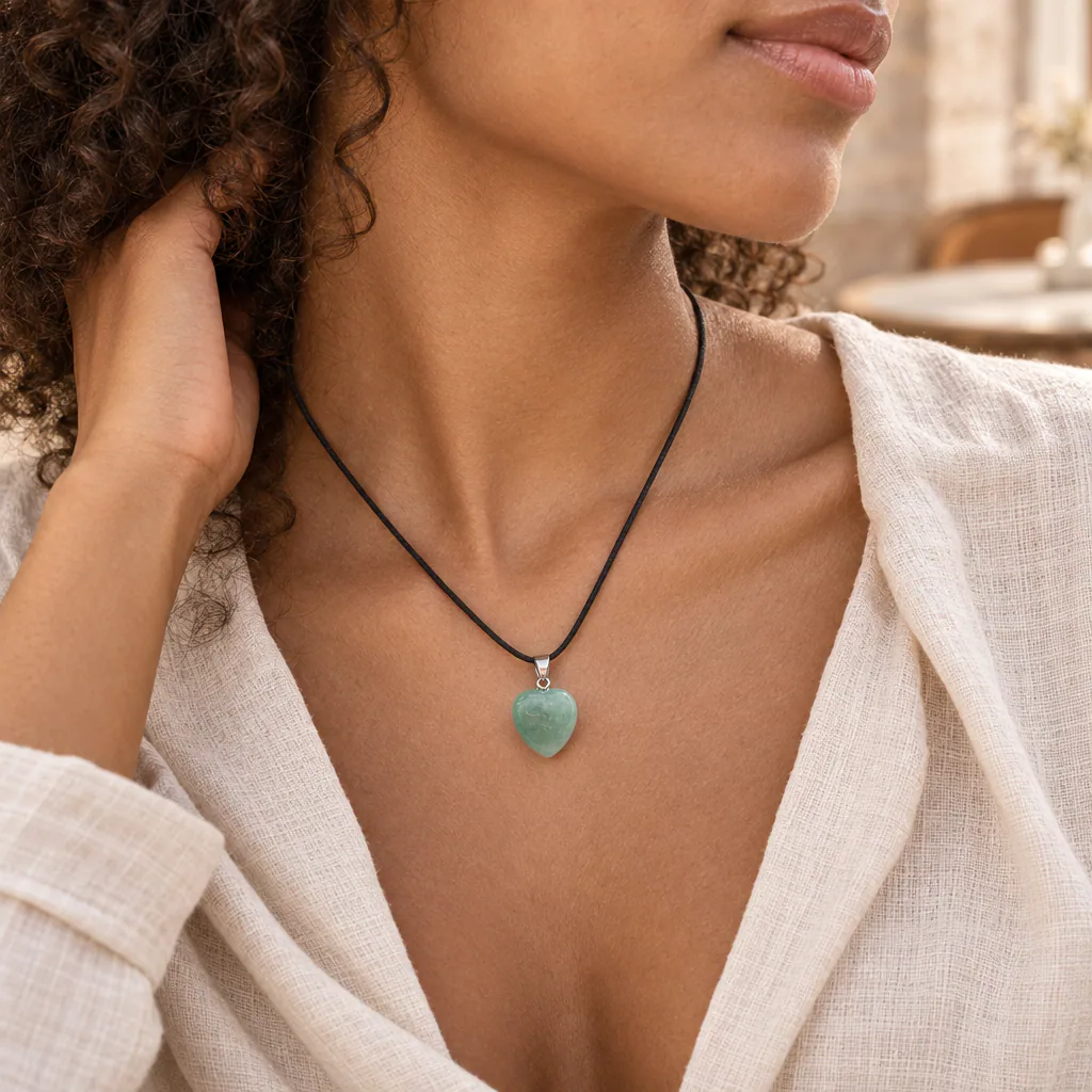 Pendentif cœur en aventurine verte du Brésil · Grade A — vue portée 2