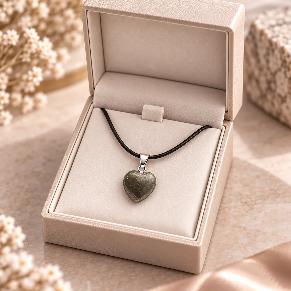 Pendentif cœur en pyrite du Pérou · Grade A — vue studio 3