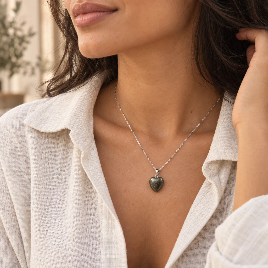 Pendentif cœur en pyrite du Pérou · Grade A — vue portée 1