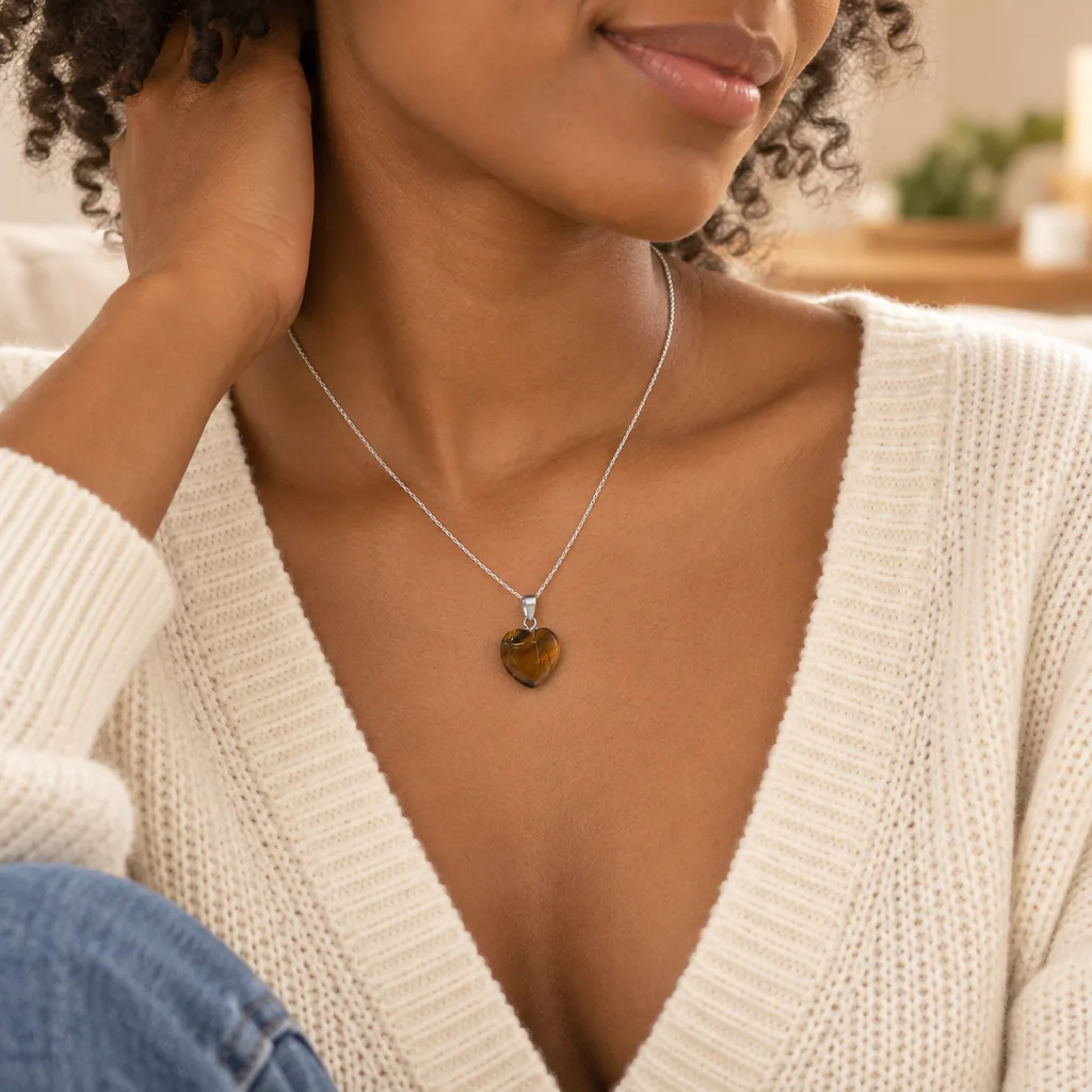 Pendentif cœur en œil de tigre d’Afrique du Sud · Grade A — vue portée 1