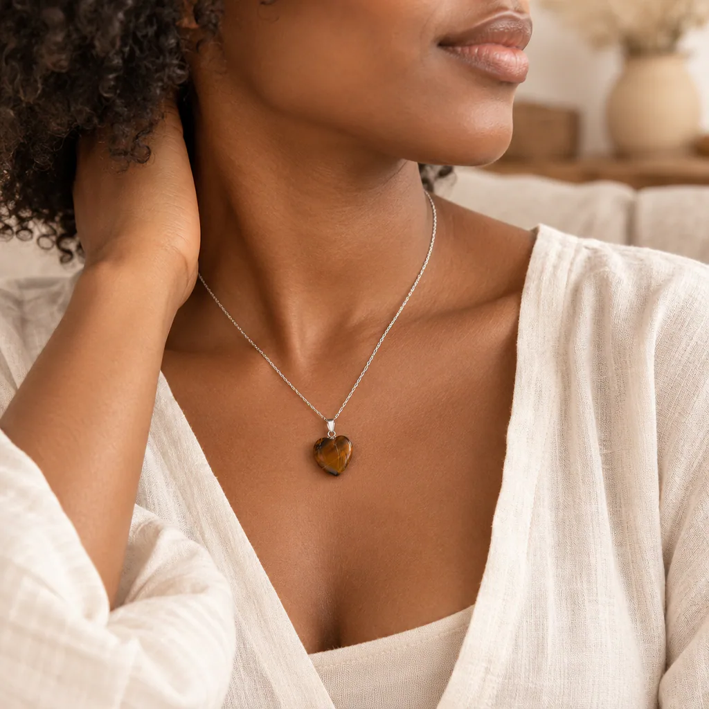 Pendentif cœur en œil de tigre d’Afrique du Sud · Grade A — vue portée 2