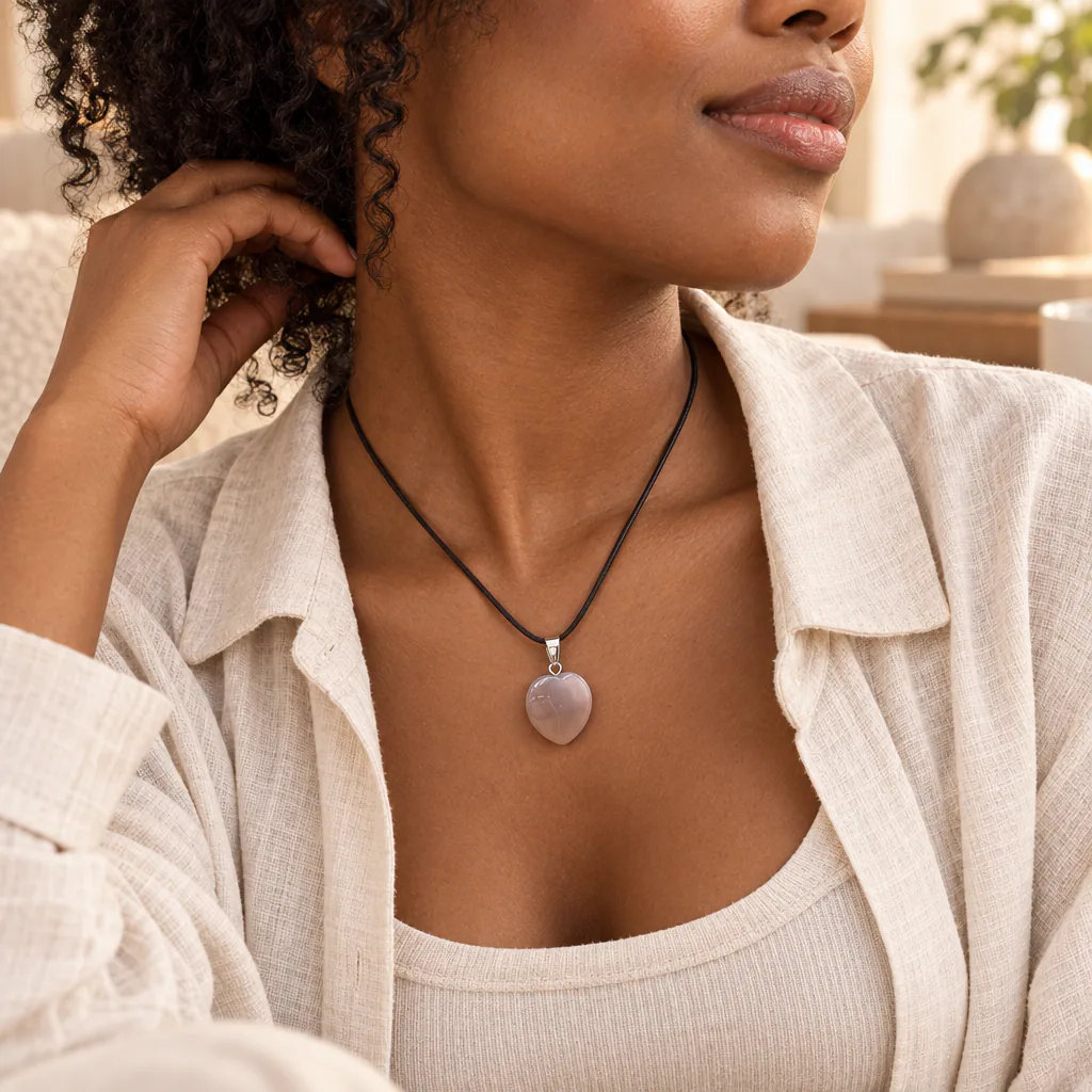 Pendentif cœur en agate du Botswana · Grade A — vue portée 2