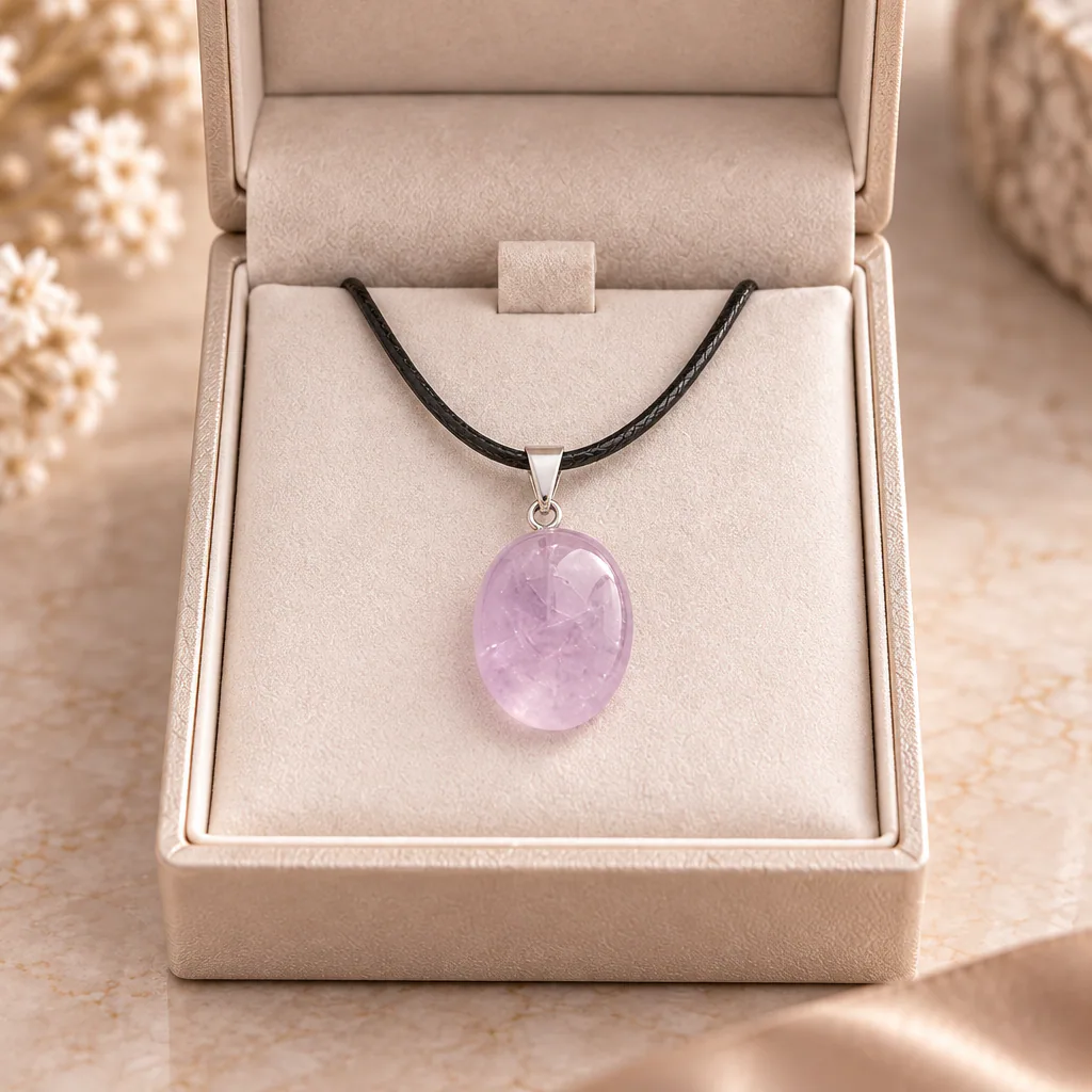 Pendentif pierre roulée en améthyste claire du Brésil · Grade A+ — vue studio 2