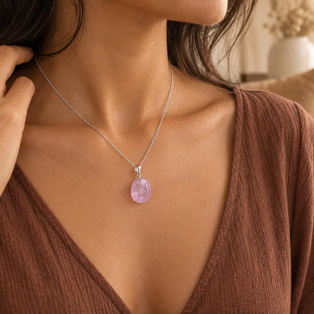 Pendentif pierre roulée en améthyste claire du Brésil · Grade A+ — vue portée 1
