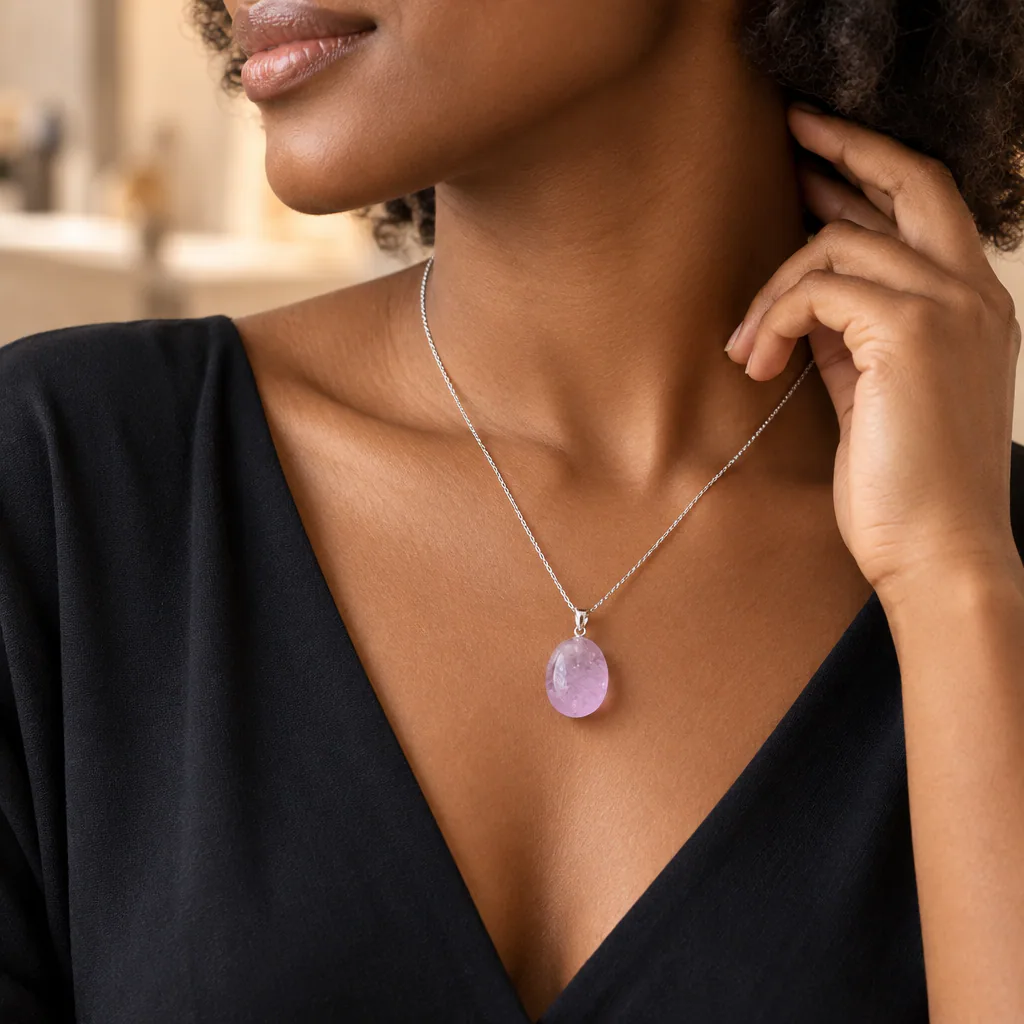 Pendentif pierre roulée en améthyste claire du Brésil · Grade A+ — vue portée 2