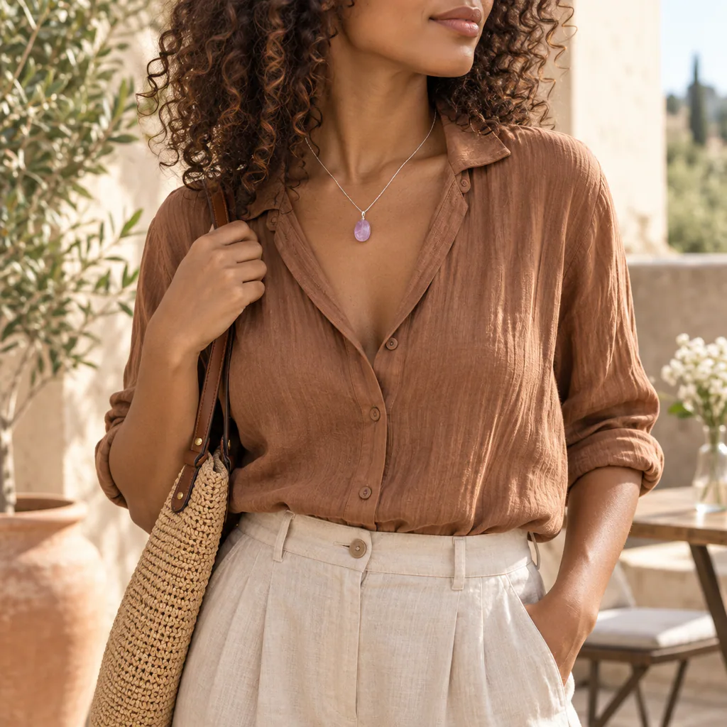 Pendentif pierre roulée en améthyste claire du Brésil · Grade A+ — vue portée 3