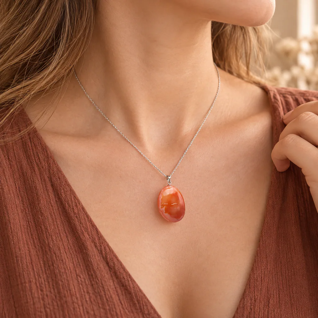 Pendentif pierre roulée en cornaline du Brésil · Grade A — vue portée 1