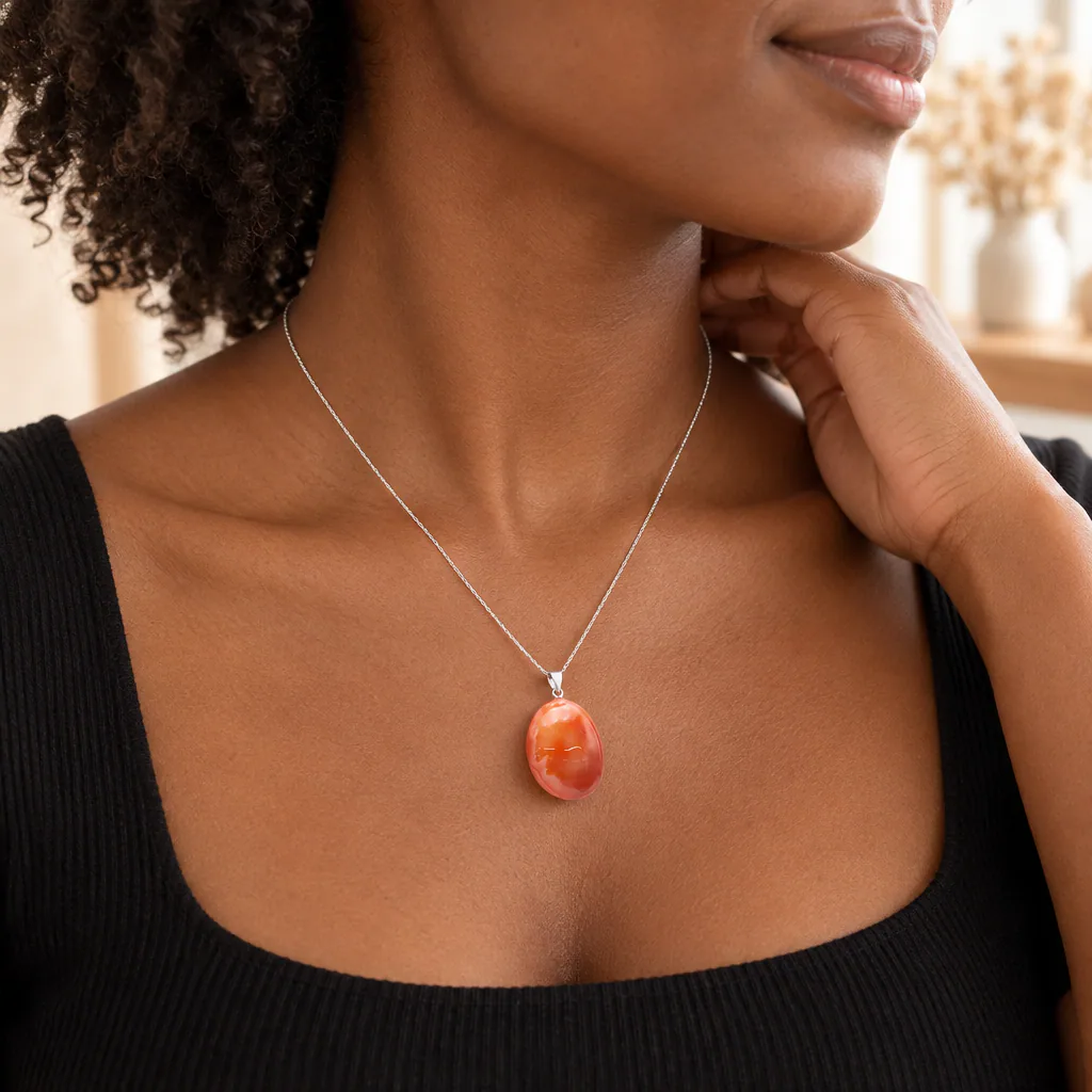Pendentif pierre roulée en cornaline du Brésil · Grade A — vue portée 2