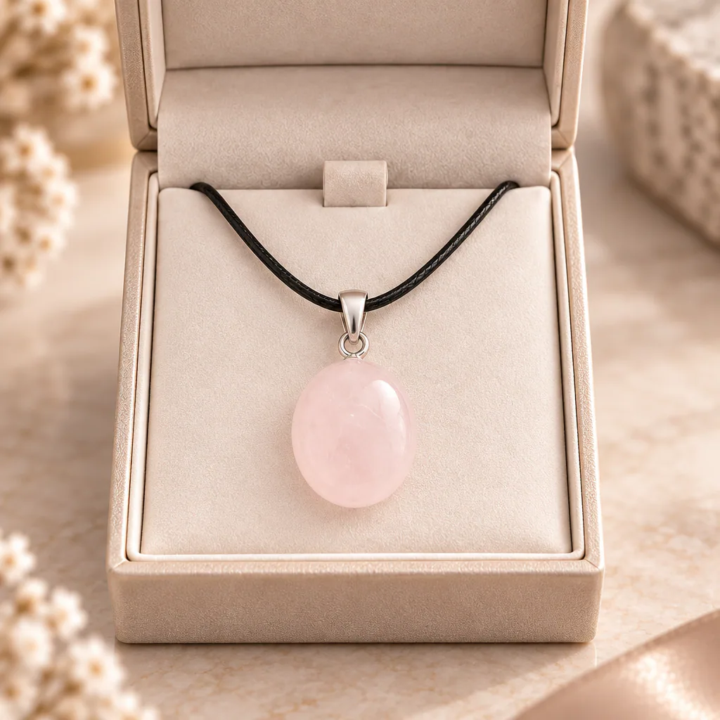 Pendentif pierre roulée en quartz rose du Brésil · Grade A — vue studio 2