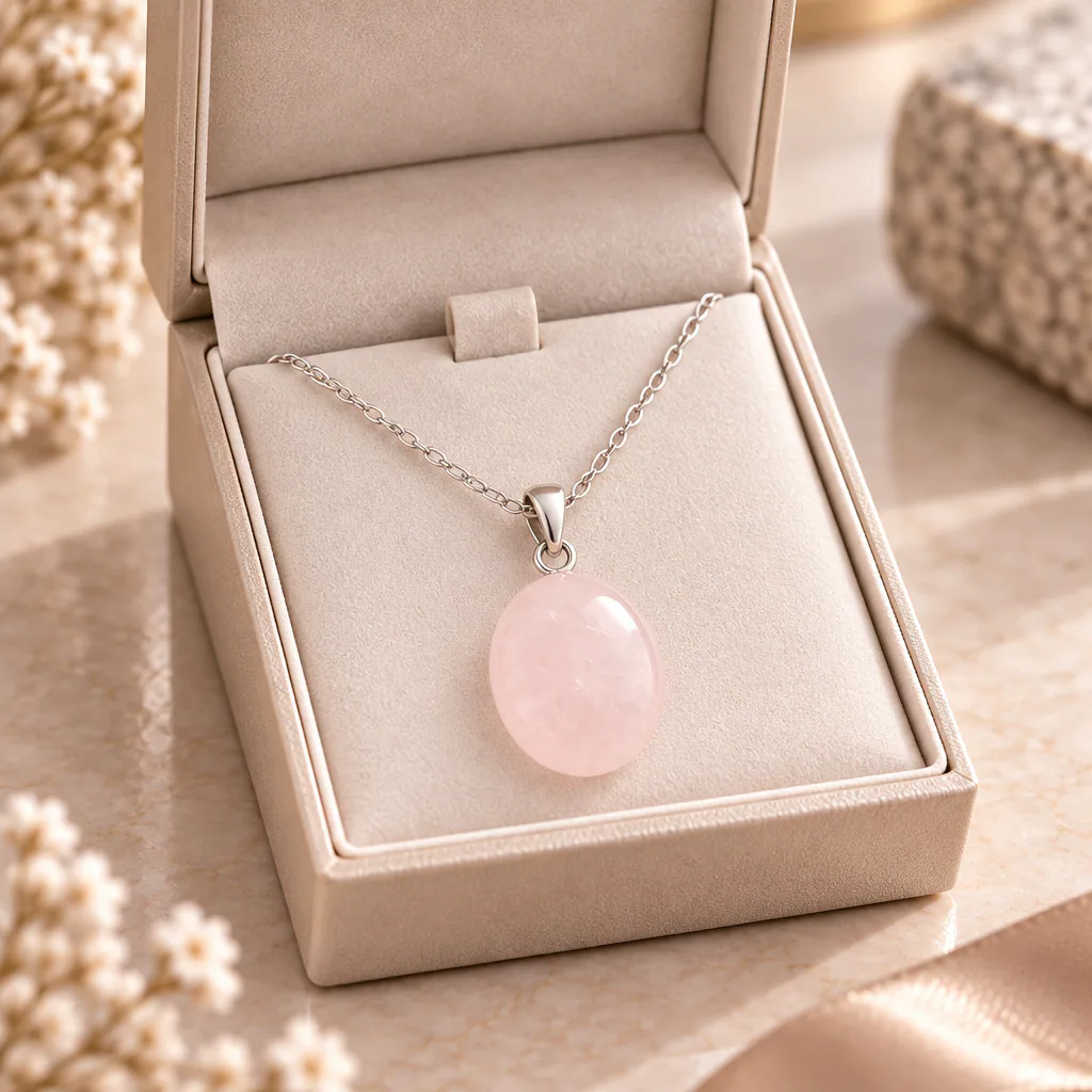 Pendentif pierre roulée en quartz rose du Brésil · Grade A — vue studio 3
