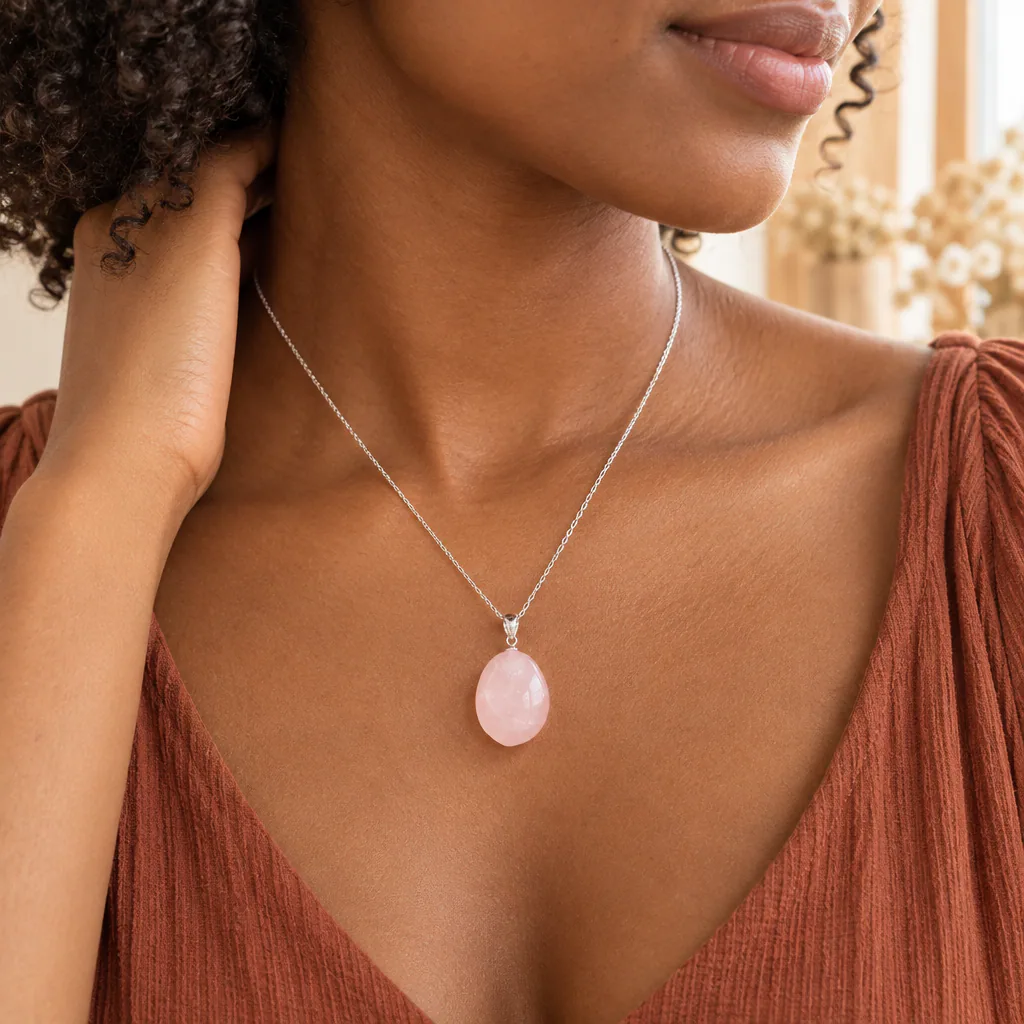 Pendentif pierre roulée en quartz rose du Brésil · Grade A — vue portée 1