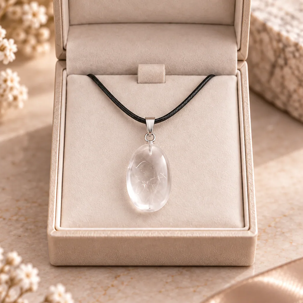 Pendentif pierre roulée en cristal de roche du Brésil · Grade A+ — vue studio 2