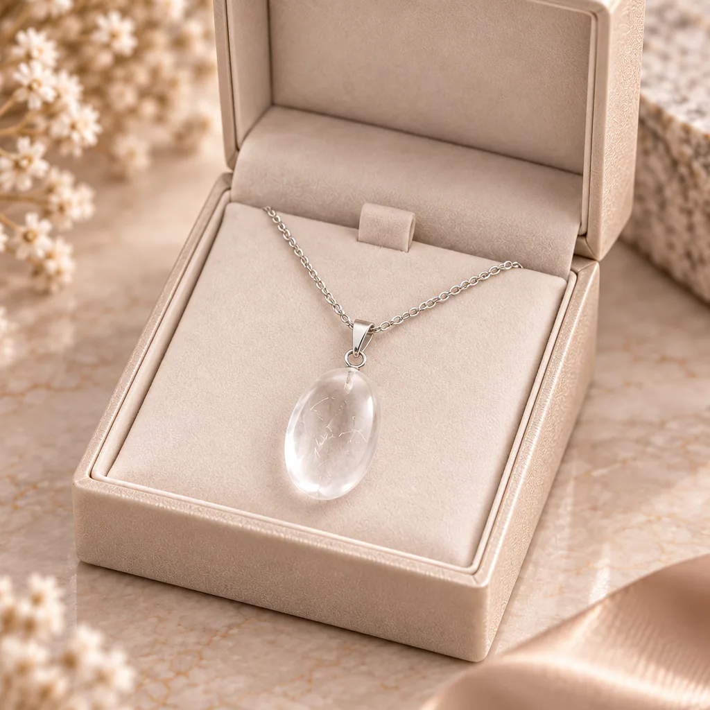 Pendentif pierre roulée en cristal de roche du Brésil · Grade A+ — vue studio 3