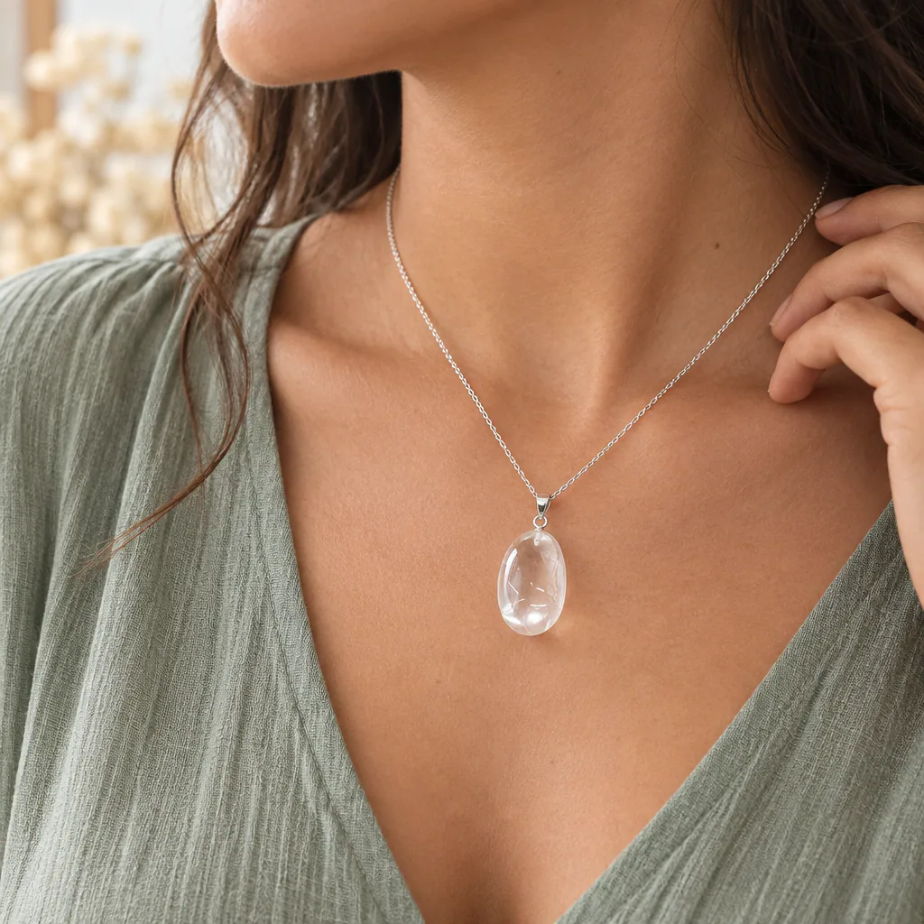 Pendentif pierre roulée en cristal de roche du Brésil · Grade A+ — vue portée 1