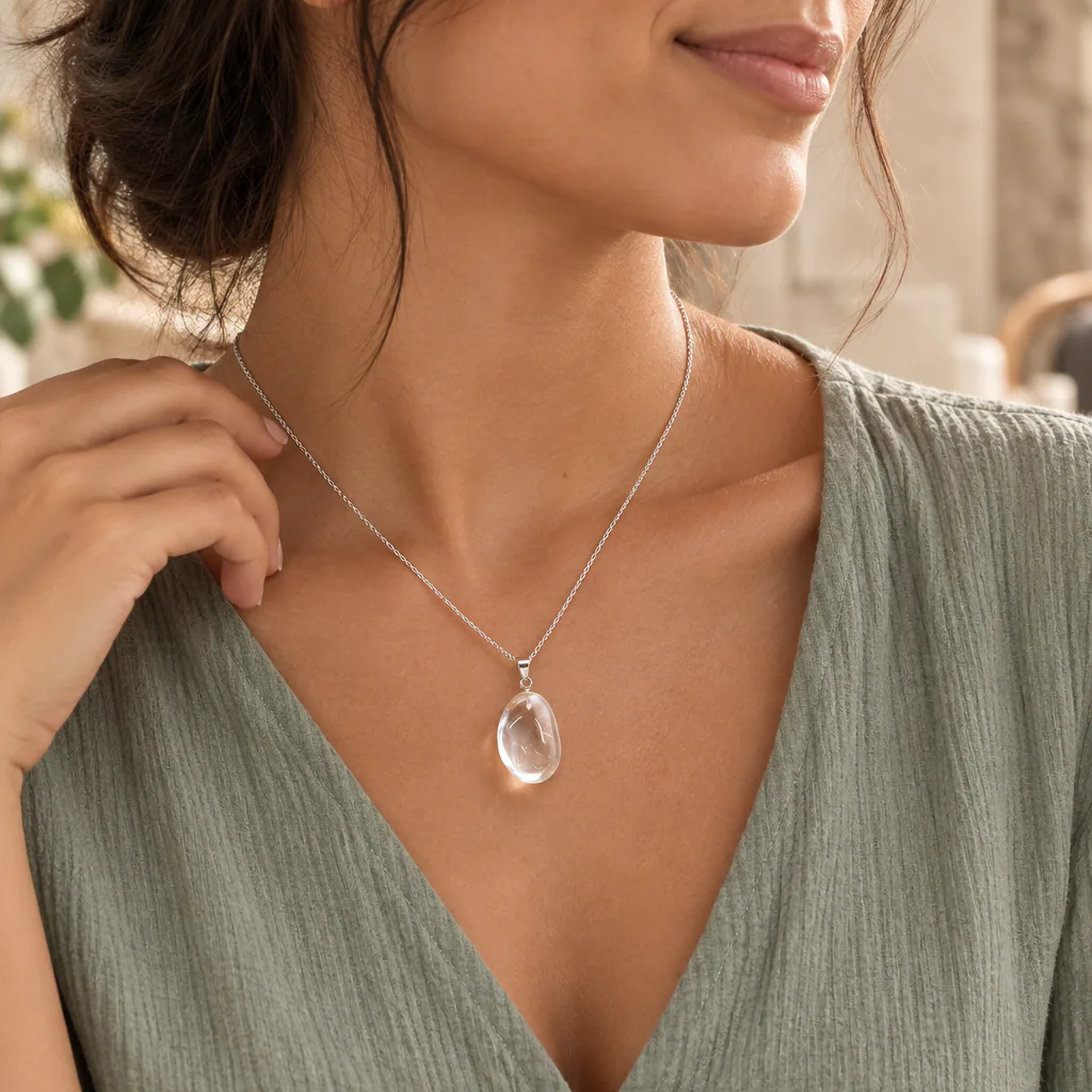 Pendentif pierre roulée en cristal de roche du Brésil · Grade A+ — vue portée 2