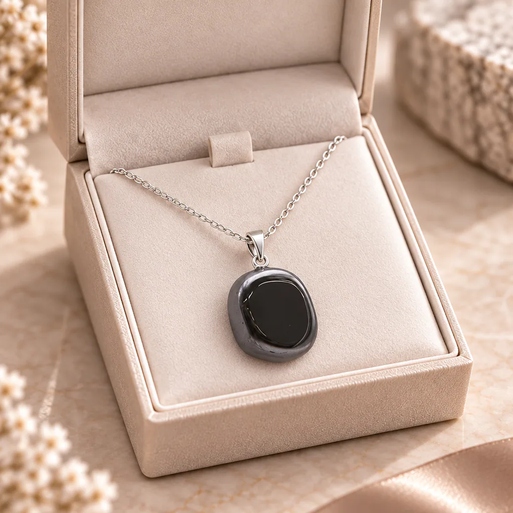 Pendentif pierre roulée en hématite du Brésil · Grade A — vue studio 3