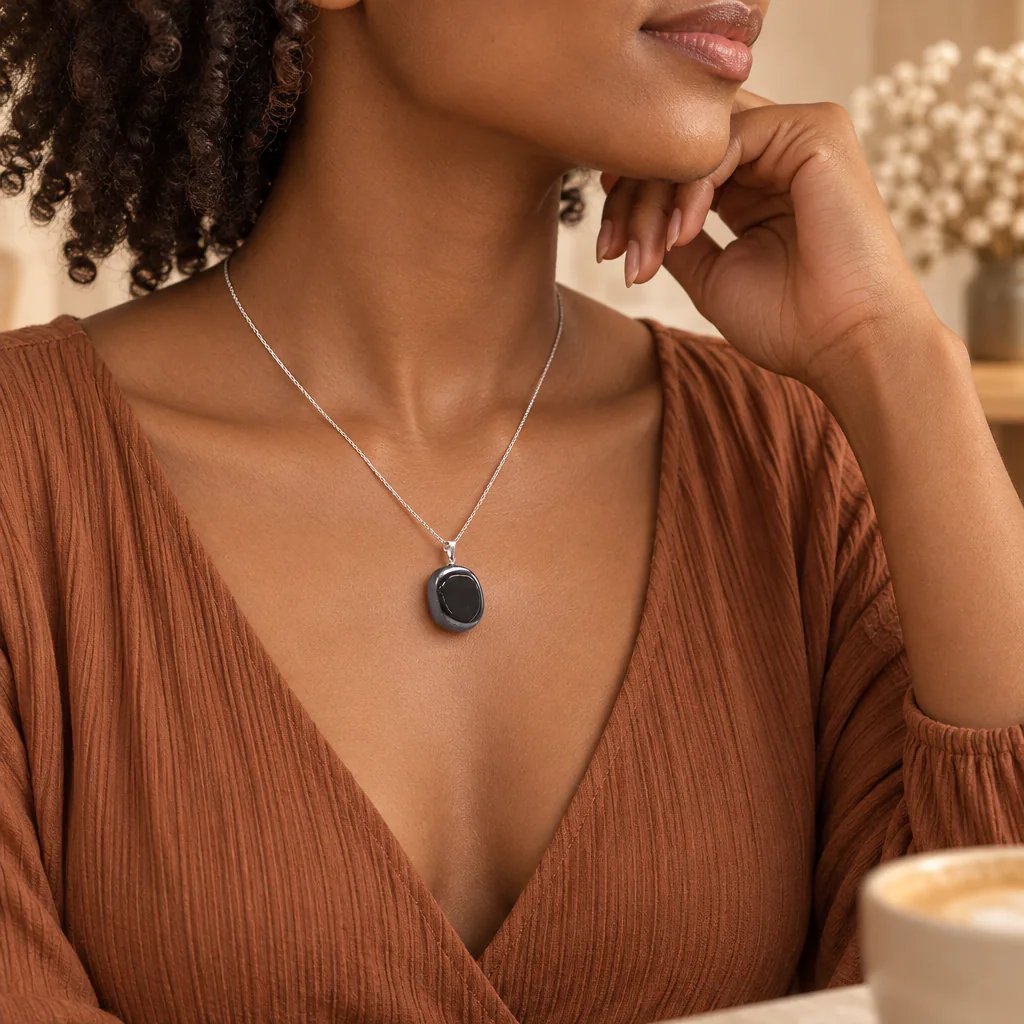 Pendentif pierre roulée en hématite du Brésil · Grade A — vue portée 2