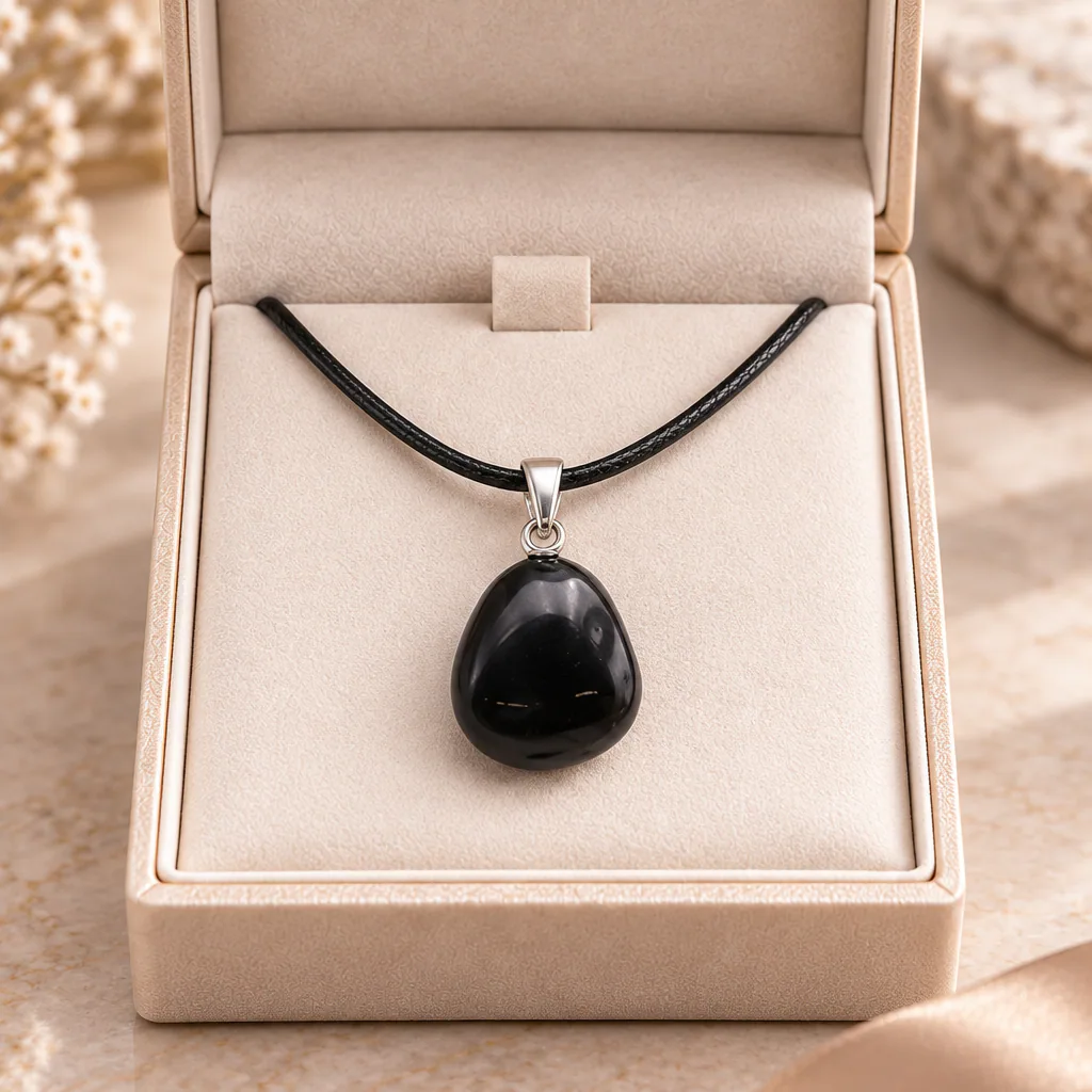 Pendentif pierre roulée en obsidienne noire du Mexique · Grade A — vue studio 2