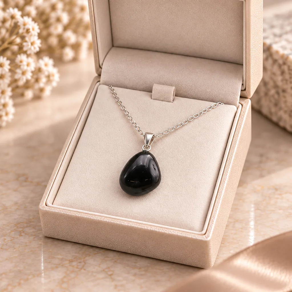 Pendentif pierre roulée en obsidienne noire du Mexique · Grade A — vue studio 3