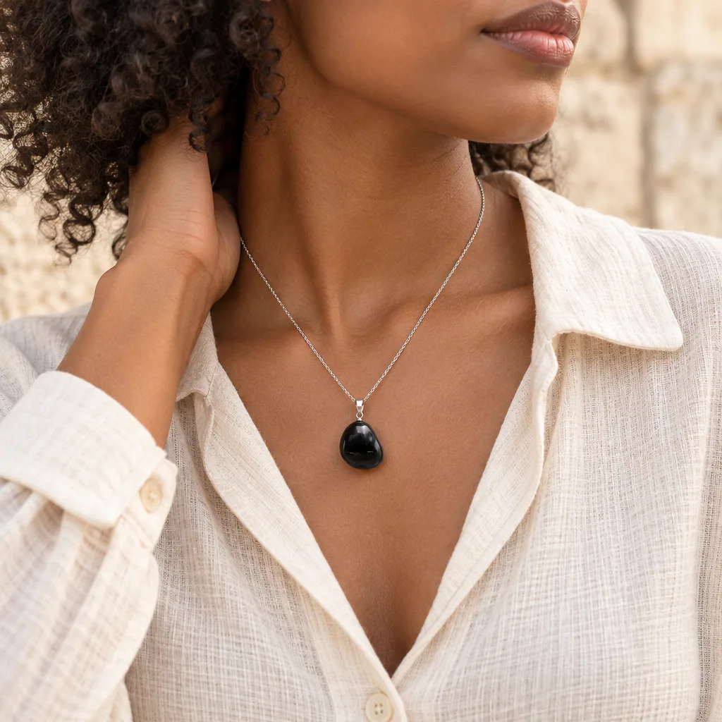 Pendentif pierre roulée en obsidienne noire du Mexique · Grade A — vue portée 2