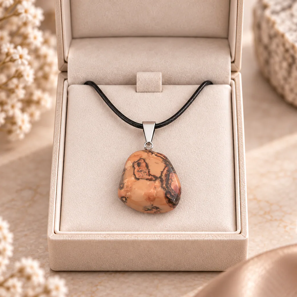 Pendentif pierre roulée en jaspe léopard d’Afrique du Sud · Grade A — vue studio 2
