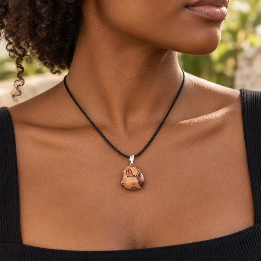 Pendentif pierre roulée en jaspe léopard d’Afrique du Sud · Grade A — vue portée 1
