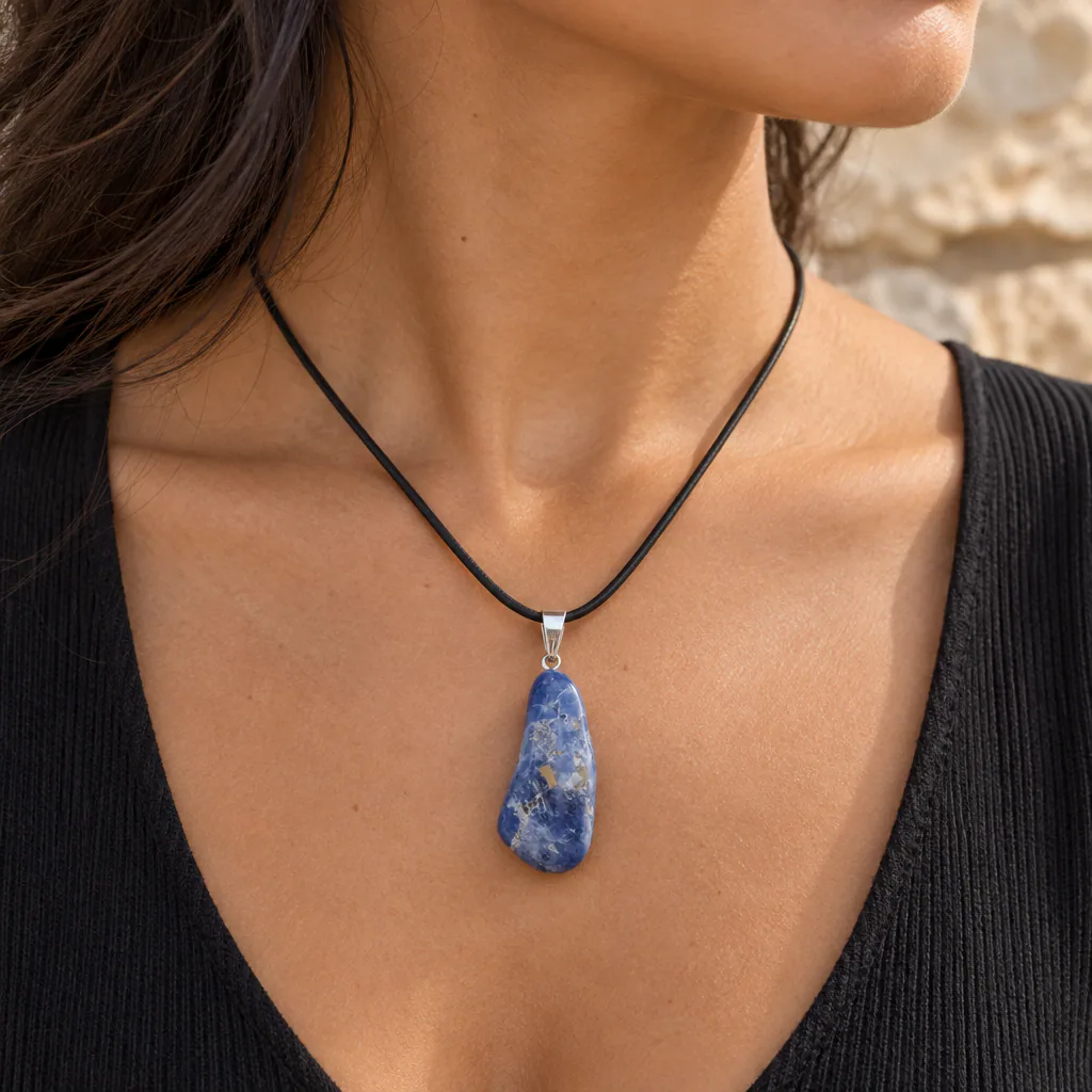 Pendentif pierre roulée en sodalite du Brésil · Grade A — vue portée 1