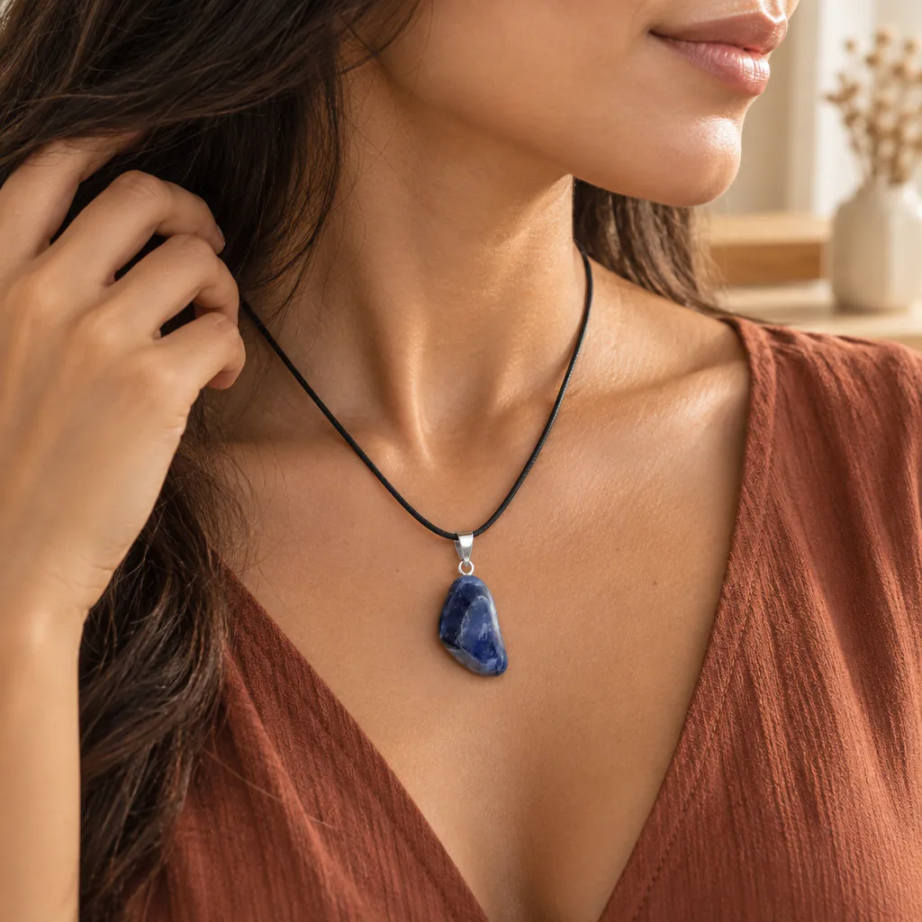 Pendentif pierre roulée en sodalite du Brésil · Grade A — vue portée 2