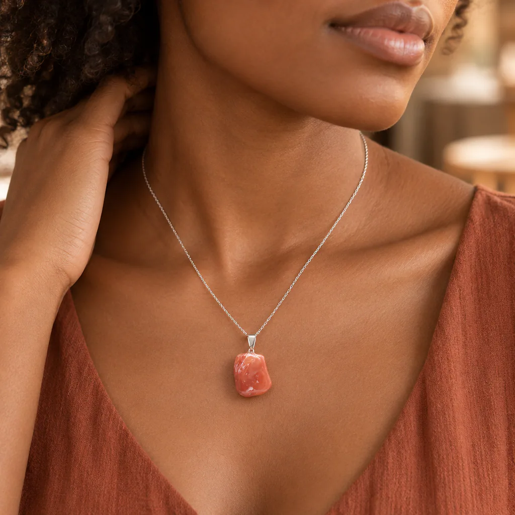 Pendentif pierre roulée en agate orange du Brésil · Grade A — vue portée 1