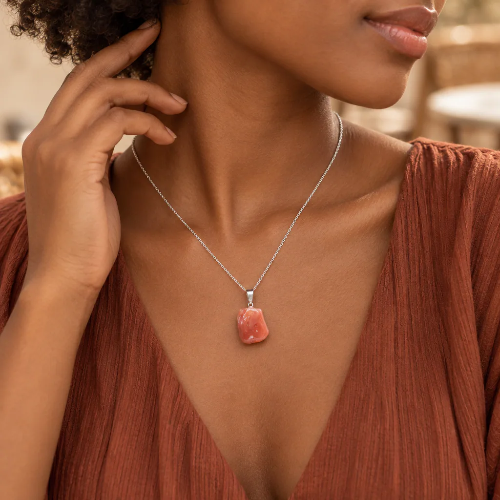 Pendentif pierre roulée en agate orange du Brésil · Grade A — vue portée 2