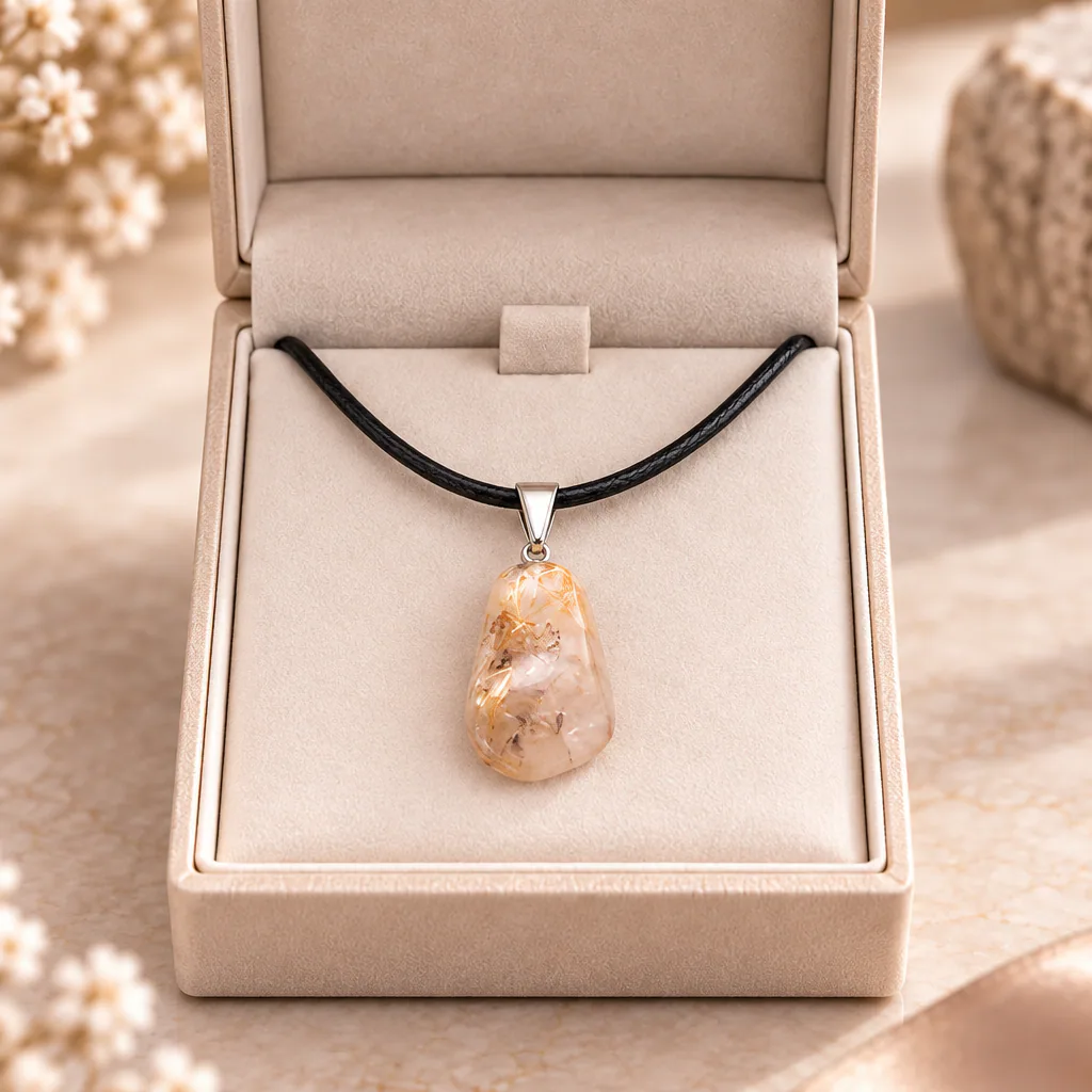 Pendentif pierre roulée en cristal de roche rutilé du Brésil · Grade A — vue studio 2