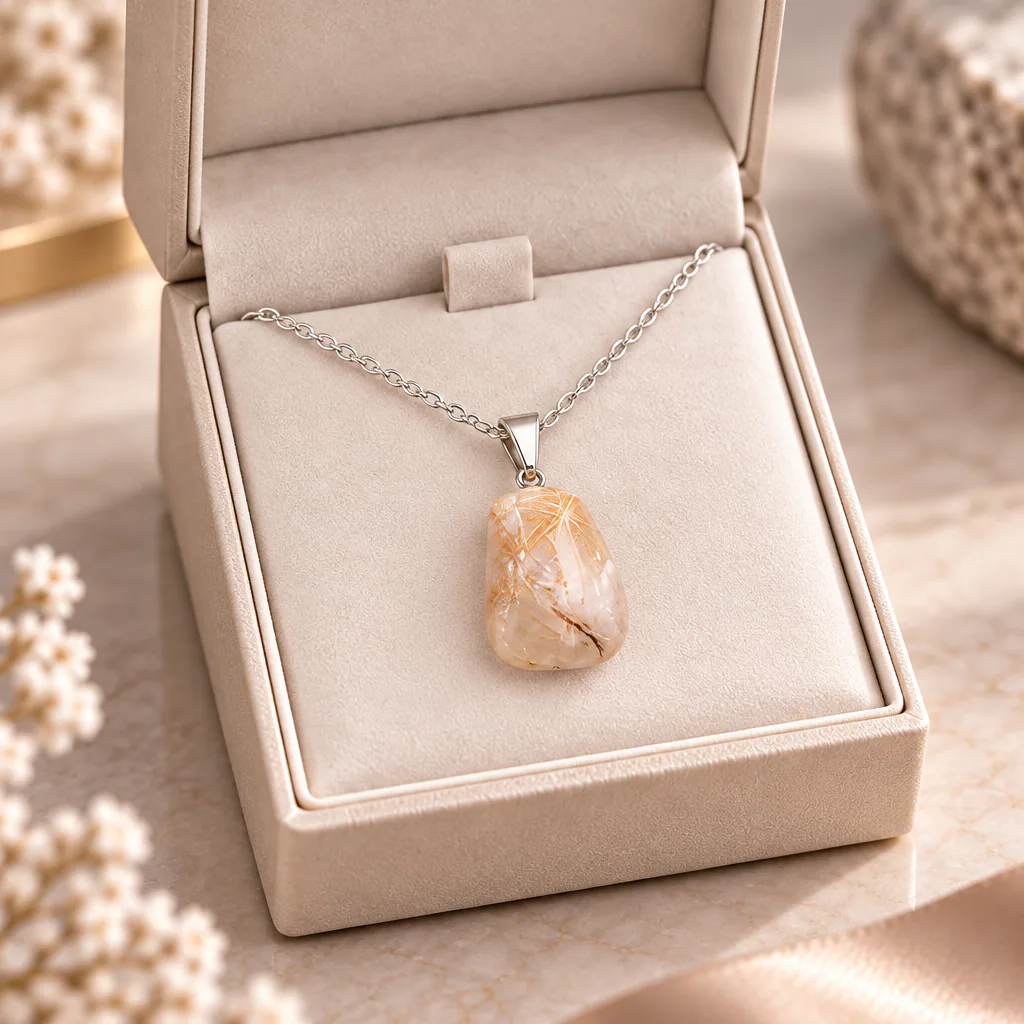 Pendentif pierre roulée en cristal de roche rutilé du Brésil · Grade A — vue studio 3