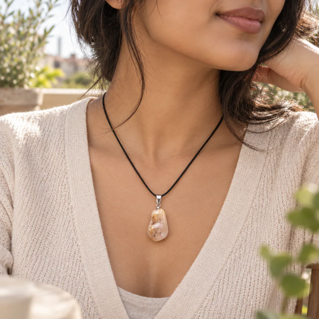 Pendentif pierre roulée en cristal de roche rutilé du Brésil · Grade A — vue portée 1