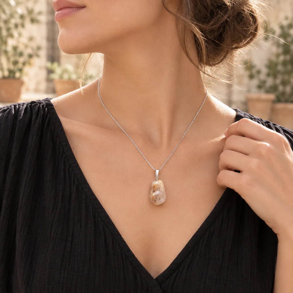 Pendentif pierre roulée en cristal de roche rutilé du Brésil · Grade A — vue portée 2