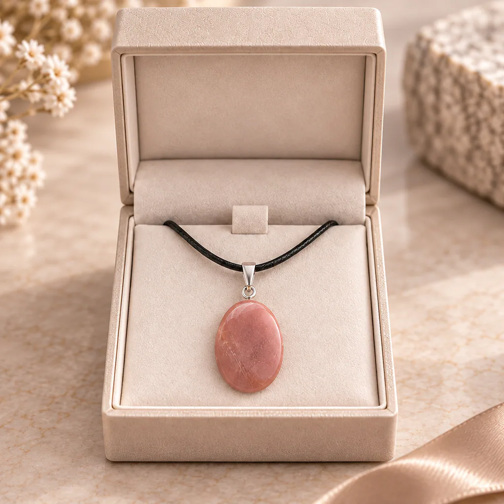 Pendentif pierre roulée en pierre de lune rose d’Inde · Grade A — vue studio 2