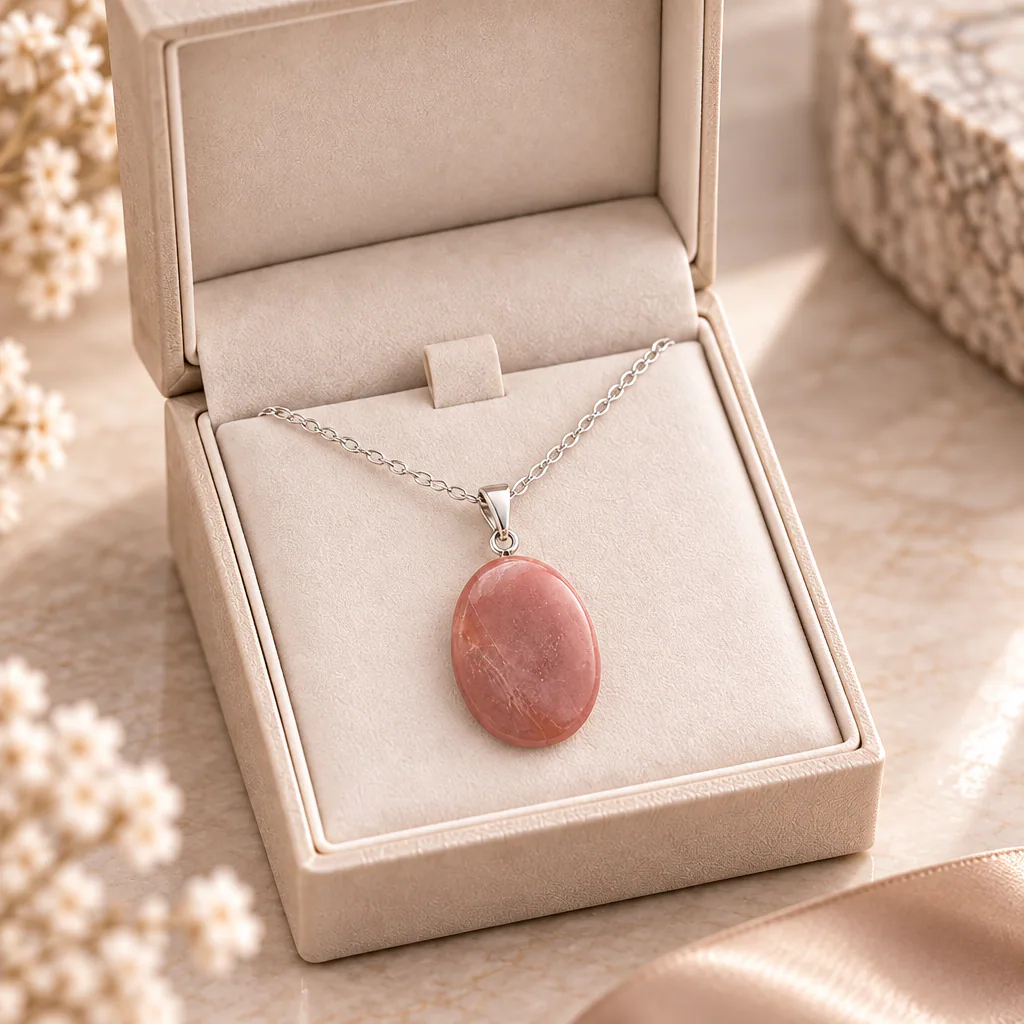 Pendentif pierre roulée en pierre de lune rose d’Inde · Grade A — vue studio 3