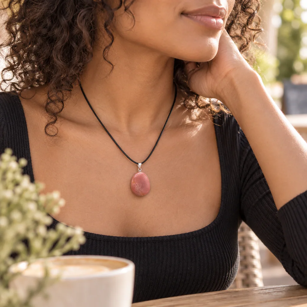 Pendentif pierre roulée en pierre de lune rose d’Inde · Grade A — vue portée 1