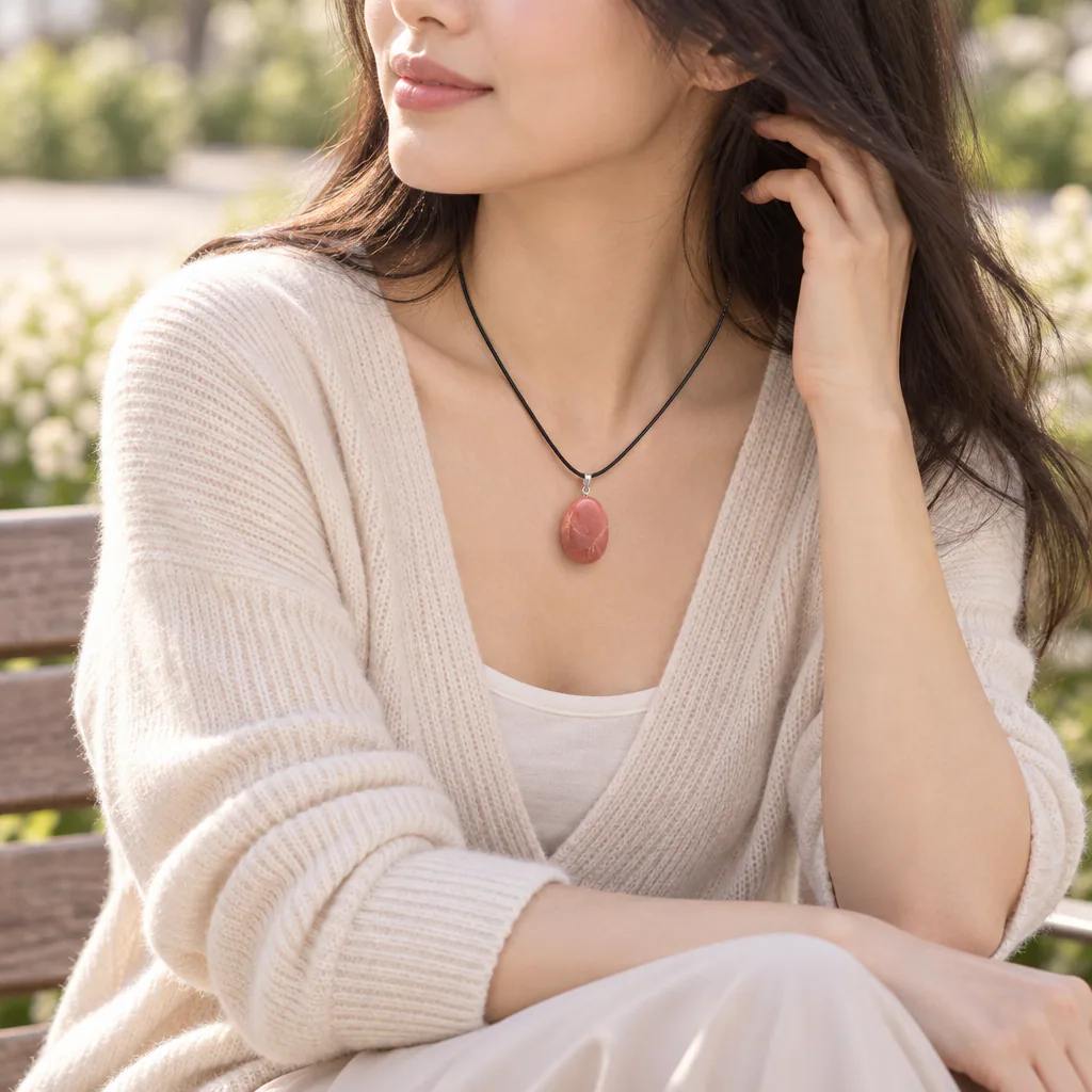 Pendentif pierre roulée en pierre de lune rose d’Inde · Grade A — vue portée 3