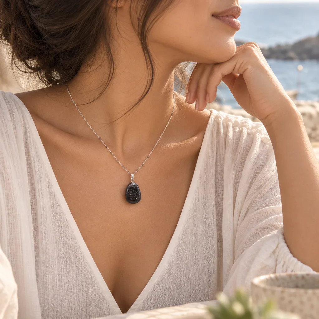 Pendentif pierre roulée de Norvège · Grade A — vue portée 2