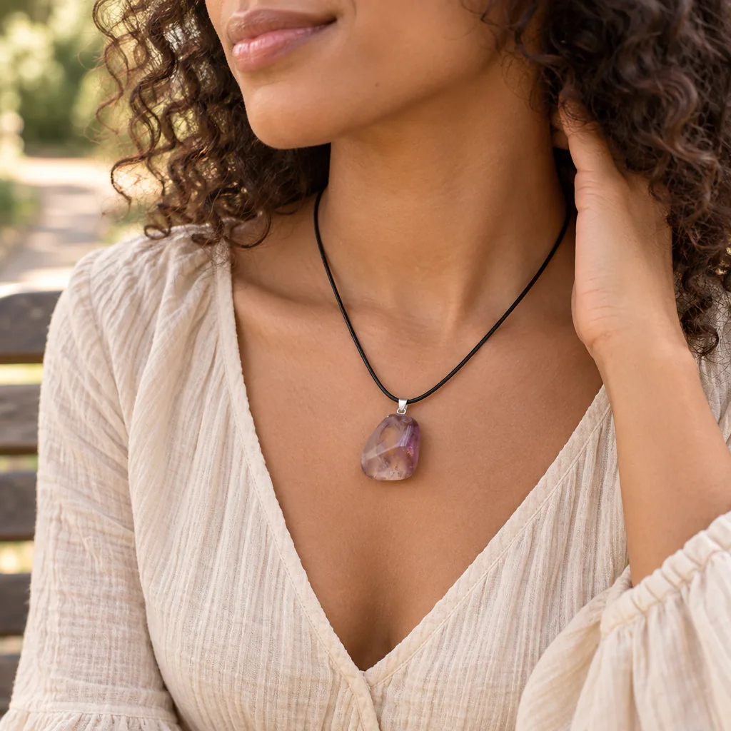 Pendentif pierre roulée en amétrine du Brésil · Grade A+ — vue portée 1