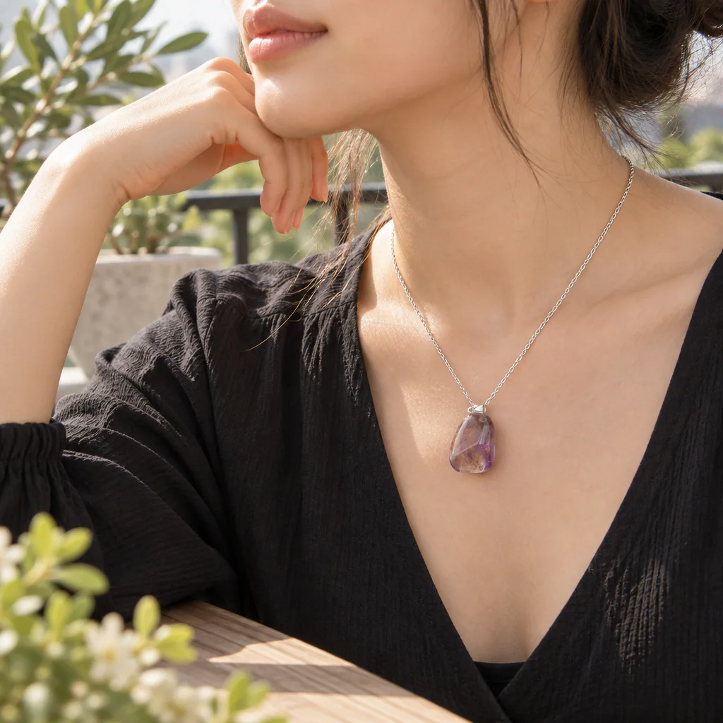 Pendentif pierre roulée en amétrine du Brésil · Grade A+ — vue portée 2