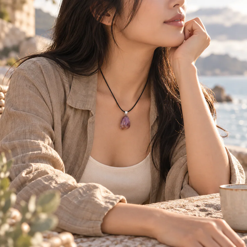 Pendentif pierre roulée en amétrine du Brésil · Grade A+ — vue portée 3