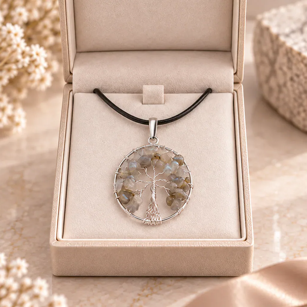 Pendentif arbre de vie en labradorite de Madagascar · 40 mm — Grade A — vue studio 2