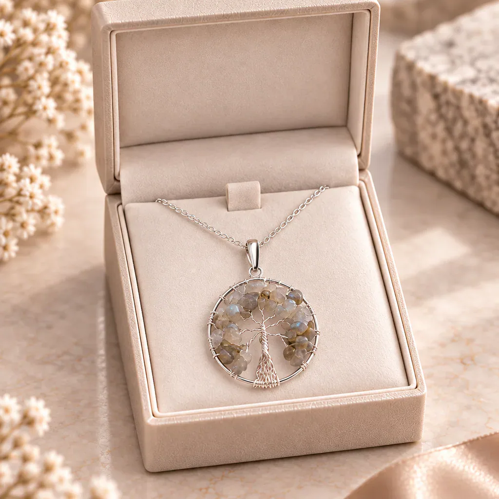 Pendentif arbre de vie en labradorite de Madagascar · 40 mm — Grade A — vue studio 3