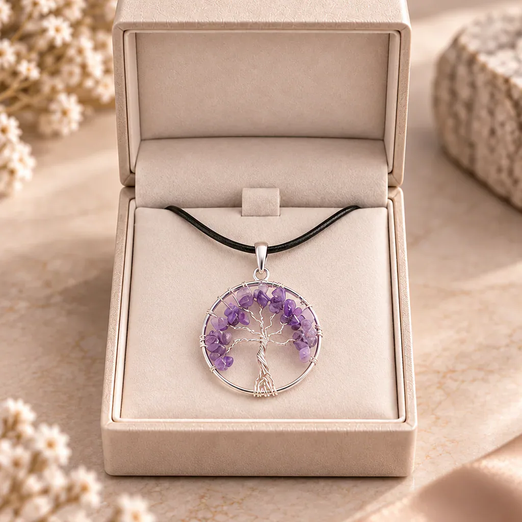 Pendentif arbre de vie en améthyste du Brésil — 40 mm — Grade A — vue studio 2