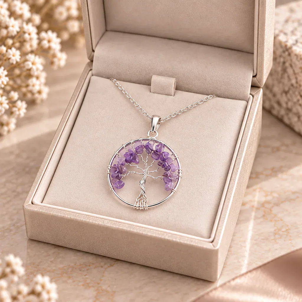 Pendentif arbre de vie en améthyste du Brésil — 40 mm — Grade A — vue studio 3