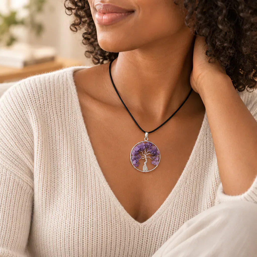 Pendentif arbre de vie en améthyste du Brésil — 40 mm — Grade A — vue portée 1